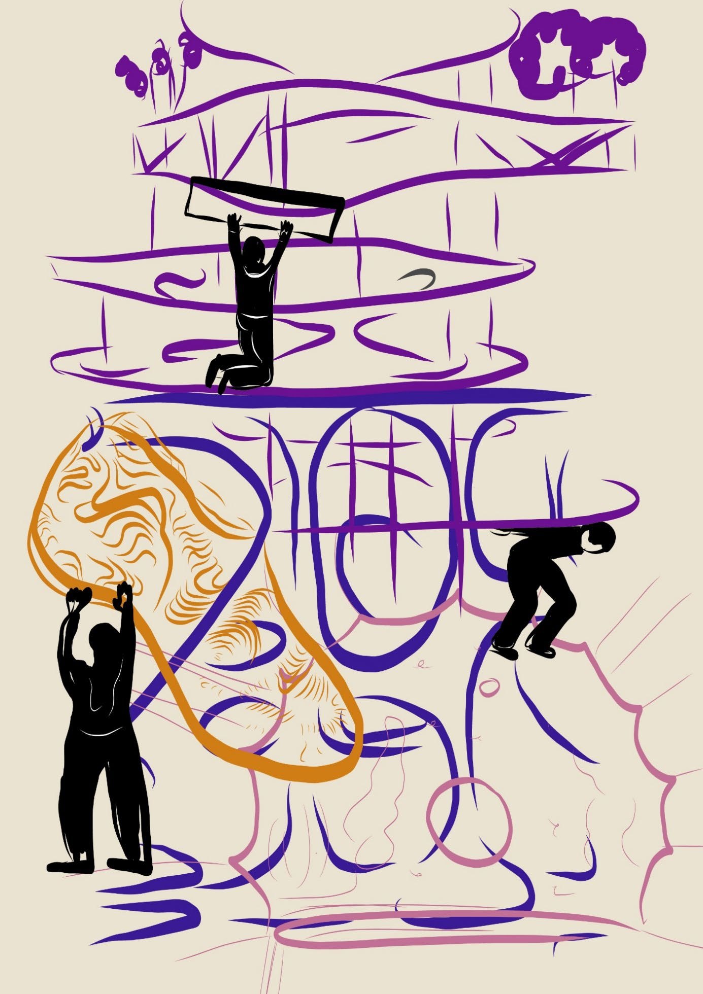 Drawing of layered purple, blue and orange line structures with black silhouettes of people climbing and leaning into them